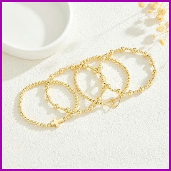 14K Gold Plated Beaded Bracelets Cross Necklace Set 6PCS Stackable - Picture 3 of 6
